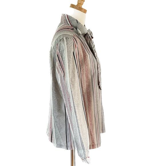 Vintage Devon striped neck bow secretary blouse red gray white size large L - Picture 5 of 9